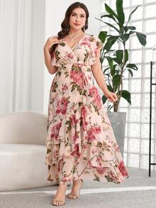 SHEIN Clasi 大码女式碎花荷叶袖优雅连衣裙 - 彩色 - 查看 6