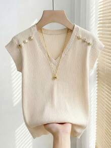 Franclia Beige Summer Elegant Women's V-Neck Knit T-Shirts,Metal Button Accent Short Sleeve Holiday Picnic Tops,Casual Country-Style Business Vacation Apparel - Khaki - View 4