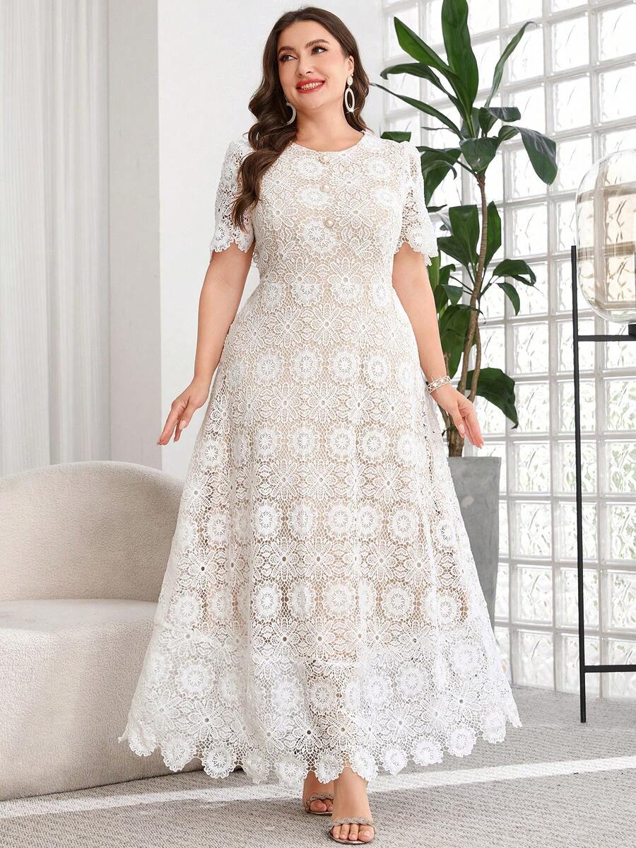SHEIN Clasi 大码女式花卉蕾丝圆领短袖优雅连衣裙 - 白色 - 查看 1