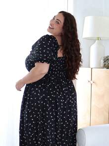 Pretty and Ole Plus Size Ditsy Floral Lantern Sleeve Ruffled A-Line Dress For Women Elegant Summer - Black - View 5