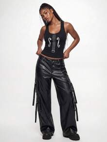 ROMWE Top sin mangas ajustado con estampado de violín en lámina plateada, estilo punk para festivales de música de verano - Negro - Ver 3