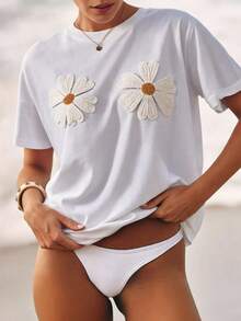 Bóhologie Women's White 3D Floral Applique Loose Short Sleeve 100% Cotton T-Shirt, Adorned With Cute Daisy Pattern, Fashionable Casual Summer Style, Comfortable Relaxed Fit - White - View 8