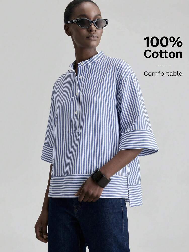 Women's Blue And White Stripe Satin Fabric Round Neck Batwing Short Sleeve Loose Fit Asymmetric Hem Summer Casual Office Business Wear,High-Quality