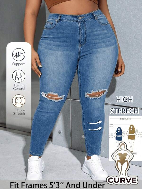 Pantalones Vaqueros Skinny para Mujer Talla Grande - Tejido Elástico, Efecto Lavado con Rayas de Gato y Rotos, Acentúa Curvas,​ Jeans ajustados elásticos con curvy