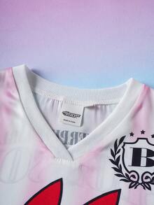 THE POWERPUFF GIRLS X SHEIN 少女V领卡通字母印花休闲百搭日常短袖T恤 - 粉色 - 查看 3