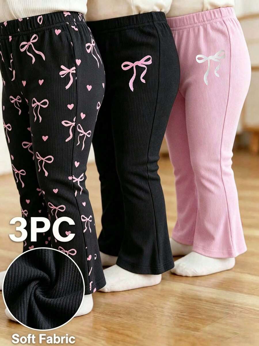 SHEIN 3pcs/Set Baby Girl Knit Flare Pants Elastic Waist Casual Leggings With Cute Heart Print Black Pink Autumn Casual Graduation Everyday Spring Summer