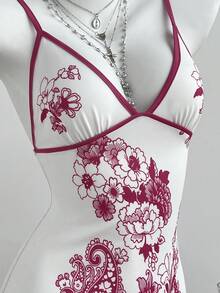Elamini 夏季性感修身甜美露背印花吊带迷你连衣裙 - 玫紅色 - 查看 3