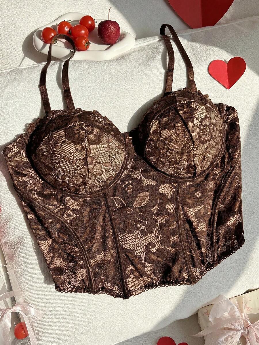 Comfortcana Plus Size Sexy Lace Sheer Camisole, Suitable For Party And Valentine's Day, Spring/Summer Lace Spaghetti Strap Top, Coffee Brown - Coffee Brown - View 1