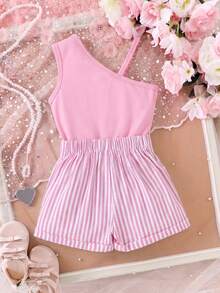 Elladie kids Bộ đồ bé gái gồm áo thun gân màu hồng họa tiết hoa bất đối xứng và quần short gân cài cúc ngọc trai, trang phục mùa hè tươi tắn, năng động. - Hồng - Xem 2