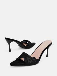 Glitzique Spring/Summer Women's Embroidered Fabric Open Toe High Heel Mule Slippers, Classic White And Black Colors, Suitable For Mother's Day - Black - View 7