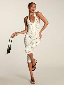 SHEIN BAE Women's Polka Dot Print Fitted Sexy Halter Neck Camisole - Black and White - View 3