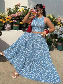SHEIN EZwear 大码女式夏季雏菊印花修身露脐背心和迷你裙两件套 - 彩色 - 查看 2