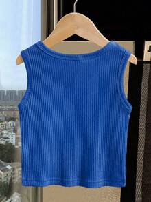 SHEIN Genkimix Kids Young Girls' Summer Hollow Heart Embroidered Fashionable Casual Sleeveless Top, Comfortable Versatile Solid Color Tank - Royal Blue - View 3
