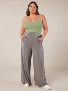SHEIN BASICS Plus Size Women Solid Color Fitted Casual Smart Casual Camisole Everyday Sage Green Summer Tops - Green - View 4