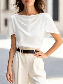 SHEIN Clasi Women's Solid Color Loose Asymmetrical Sleeve T-Shirt - White - View 4