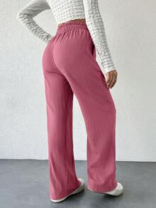 EURMUSE Elastic Waist Drawstring Design Wide-Leg Casual Pants For Women - Dusty Pink - View 2