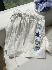 Comfortcana Plus Size Casual Loose Drawstring Solid Color Comfortable Shorts, Spring/Summer - White - View 6