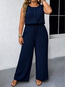 SHEIN Tall CURVE Plus Size Women Backless Patchwork Embroidered Collar Cinched Waist Long Wide Leg Jumpsuit - Navy Blue - View 5