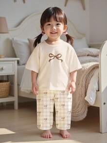 奶油色，可爱蝴蝶结格子印花，女婴家居服套装，宽松版型，适合春夏日常穿着、度假、返校、休闲假期、轻松时尚、休闲氛围穿搭。 - 彩色 - 查看 4