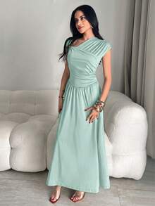 Feyla Spring/Summer Casual And Elegant Commuting, Daily Dates, Birthday Parties, Office Wear, Simple Best Friend Gatherings, Light Evening Gowns, One-Shoulder Off-The-Shoulder Metal Buckle Decorated Umbrella Skirts, Mid-Length Skirts, A-Line Skirts, Sleeveless, Brown Knitted Fabric Women's Mid-Length Dresses - Green - View 7