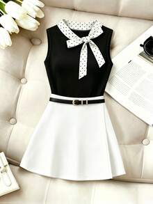 SHEIN Franclia 夏季白色波點工作高爾夫套裝，無袖高領上衣與純色迷你裙套裝，優雅性感女款辦公穿搭，適合茶會 - 黑與白 - 查看 5