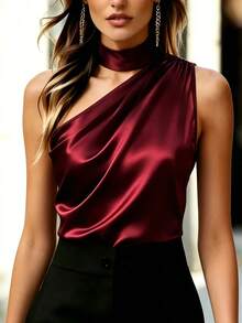 SHEIN Satin Spaghetti Strap Camisole For Women, Elegant Sleeveless Tank Top Top, Suitable For Party, Shopping, Workplace, All Seasons - Burgundy - View 4
