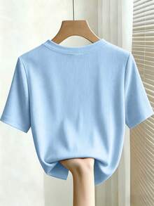 Franclia Elegant Fitted Round Neck Beaded Ribbed Short Sleeve T-Shirt For Women - Blue - View 2
