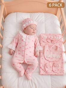SHEIN Bộ quà tặng 6 món cho bé gái sơ sinh | Phong cách dễ thương màu hồng ngọt ngào + Họa tiết nơ và viền ren | Áo liền quần dài tay + Mũ + Yếm + Băng đô nơ + Găng tay + Chăn quấn | Vải dệt kim thoáng khí | Mùa xuân & hè - Màu Hồng baby - Xem 5