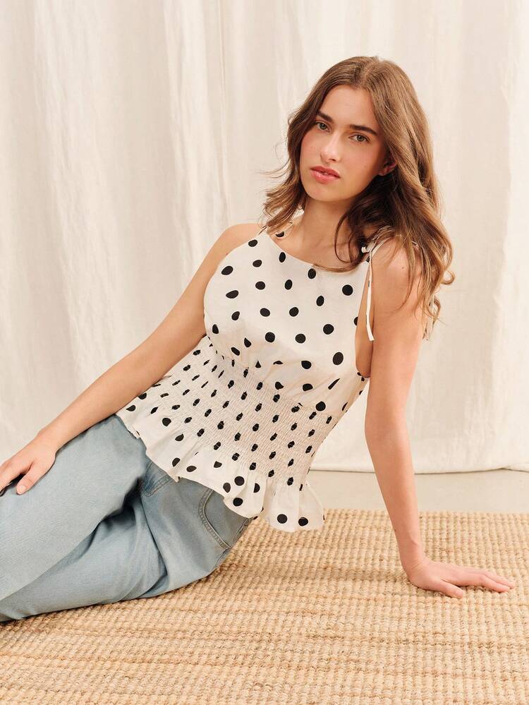 White Polkadot Woven Boatneck Top With Shirred Waist And Contrast Tie Shoulder Detail Vintage Cute Holiday Top Casual Top White Polka Dot Top French Top Cotton Top