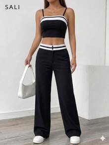 Conjunto para Mujer Pantalón Pierna Recta y Top Strapless con Cintas Decorativas. - Negro - Ver 1