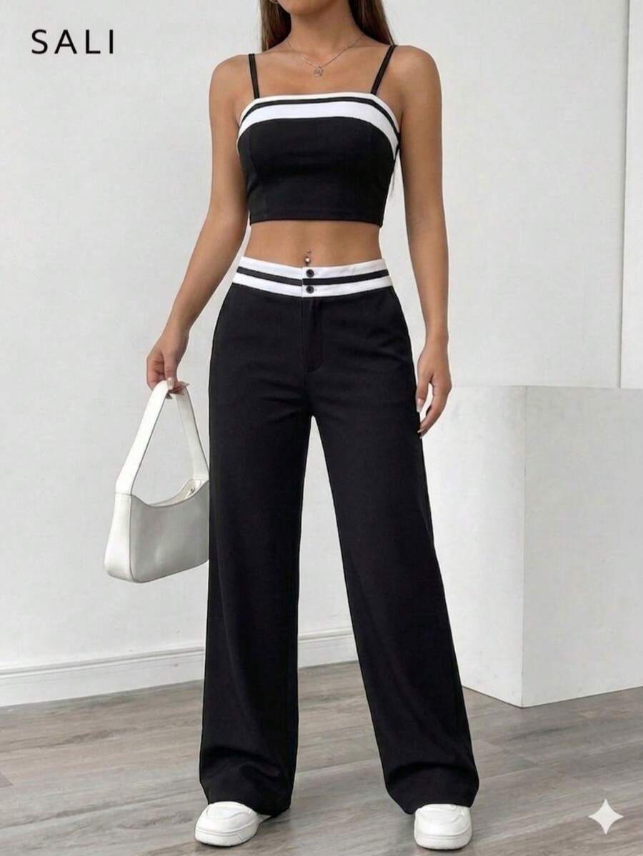 Conjunto para Mujer Pantalón Pierna Recta y Top Strapless con Cintas Decorativas. - Negro - Ver 1