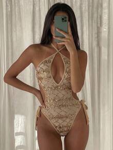 Costavie Bộ bikini liền thân gợi cảm đính sequin, kiểu cổ yếm, dành cho nữ, thích hợp cho mùa xuân/hè. - Vàng - Xem 2