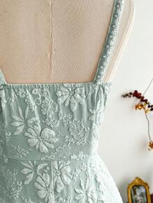 Vintamour Đầm nữ cổ điển thanh lịch, đầm jacquard ôm dáng mùa xuân/hè, đầm đính ngọc trai, đầm hai dây, đầm xòe, màu trắng sữa. - Màu xanh Bạc hà - Xem 5