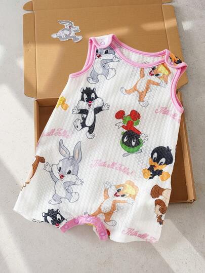 LOONEY TUNES X SHEIN Bộ áo liền quần không tay in hình động vật hoạt hình cho bé gái.