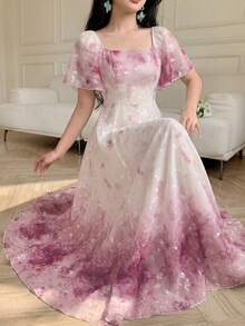 Modelyn Vestido de Primavera & Verano Elegante y de Moda con Cuello Cuadrado, Manga Corta, Cintura Definida, Estampado y Vuelo - Rosa - Ver 7