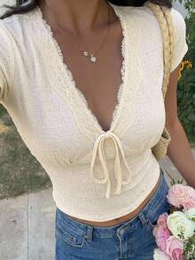 SHEIN EZwear White Knit Bodycon T-Shirt For Women,Summer Top - Apricot - View 7