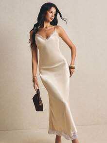 Poéselle Women's Solid Color Contrast Lace Elegant Maxi Slip Dress Day Party Cream Summer - Champagne - View 4