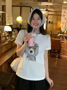 DAZY Kaos Wanita Lengan Pendek Leher Bulat Motif Kartun Anak Anjing, Gaya Korea Musim Semi/Panas - Putih - View 9