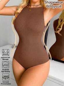 Women Casual Solid Color Crew Neck Sleeveless Body Suit , Briefs With Buckle Design ,Ribbed Tummy Control Seamless Tank Top Bodysuit - Coffee Brown - View 3