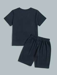 SHEIN Tween Boy Casual Comfortable Contrast Color Round Neck Short Sleeve Top And Solid Color Shorts 2-Piece Set - Navy Blue - View 2