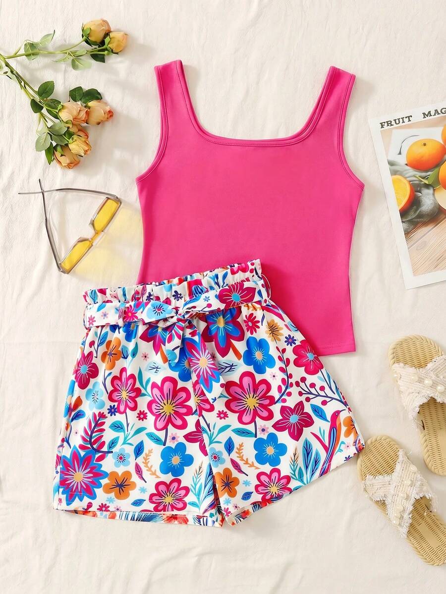 SHEIN TEENGIRL Orange Tank Top With Colorful Leaf Print & Loose Shorts Set, Vacation Style Suitable For Summer - Multicolor - View 1