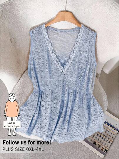 CosyJoli Plus Size Camisole And Tank Tops, Women Casual Clothing, Summer Sleeveless Blouse, Ruffle Hem Cami Top, Cute Summer Outfits Casual Blue Top For Women Casual Goinf Out Top For Women