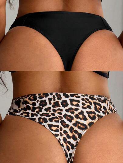 Swim SXY Summer 2pcs/Set Plus Size Women's Leopard Print & Solid Color High Waist Bikini Shorts Thong Bikini