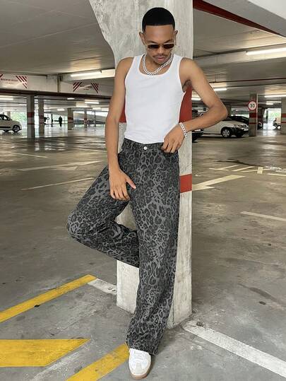 Ngobest Haus Ngobest Haus Quần Jeans Denim Nam Họa Tiết Da Báo, Quần Ống Thẳng Rộng Phong Cách Đường Phố Cổ Điển