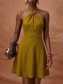 Zivah Women's Textured Pleated Halter Neck Tie Waist Dress, Elegant - Mustard Yellow - View 2