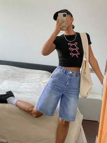 SHEIN Quần short denim ống rộng dáng casual dành cho nữ tuổi teen, có túi. - Rửa trung bình - Xem 5