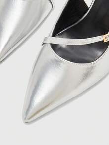 CUCCOO BIZCHIC Women Shoes Silver Metallic Back Strap Shoes, Rhinestone Buckle Decoration, Shining Dinner Party Dating Temperament Pointed Shoes - Silver - View 8