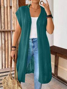 SHEIN LUNE CURVE Plus Size Women's Sleeveless Hollow Out Long Cardigan, Lightweight, Suitable For Vacation, Commute, St. Patrick's Day, Spring/Summer - Teal Blue - View 6