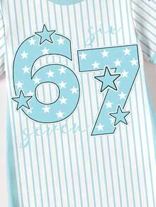 SHEIN 春夏少女休闲时尚创意个性清新简约蓝星数字67竖条纹拼接字母标语印花休闲基础款短袖T恤裙，舒适百搭；适合春夏秋三季少女穿着，提升整体氛围的服装套装 - 彩色 - 查看 5