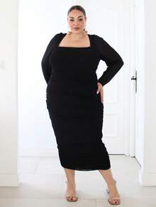 Pretty and Ole Plus Size Fall Black Mutton Sleeve Mesh Gathered Square Collar Elegant Commuter Long Dress - Black - View 4